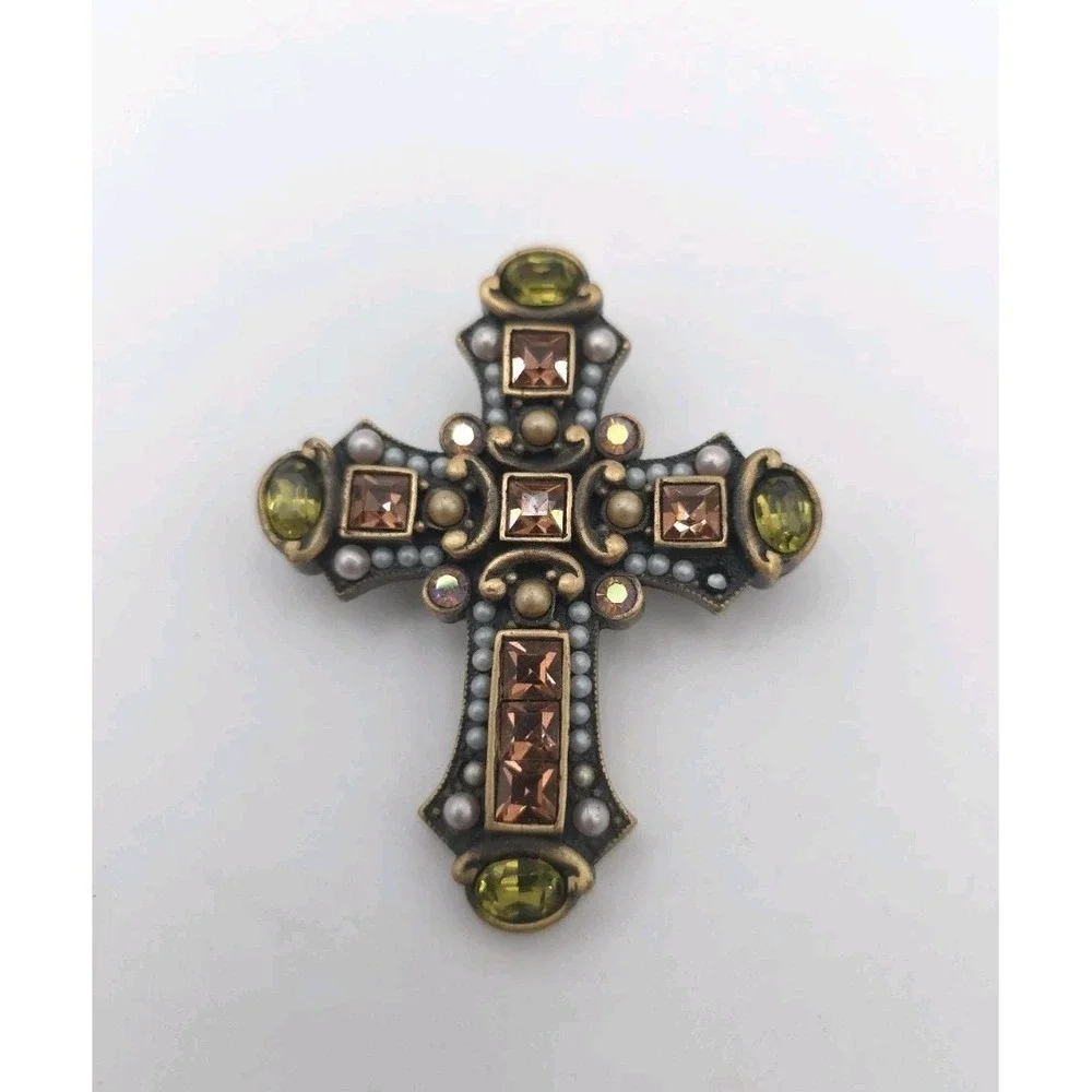 Vintage Jay Strongwater Swarovski Crystal Faux Pearl Green Cross Brooch Pin Y2k